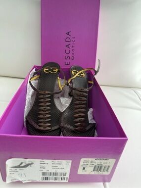 Escada Dark Brown Leather Strappy Sandals with Yellow Accents